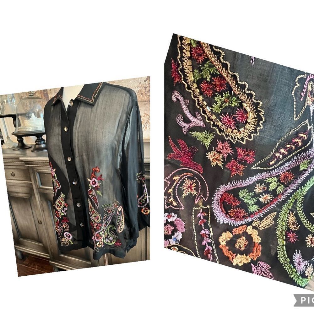 Coldwater Creek Black Sheer Embroidery Blouse Size M